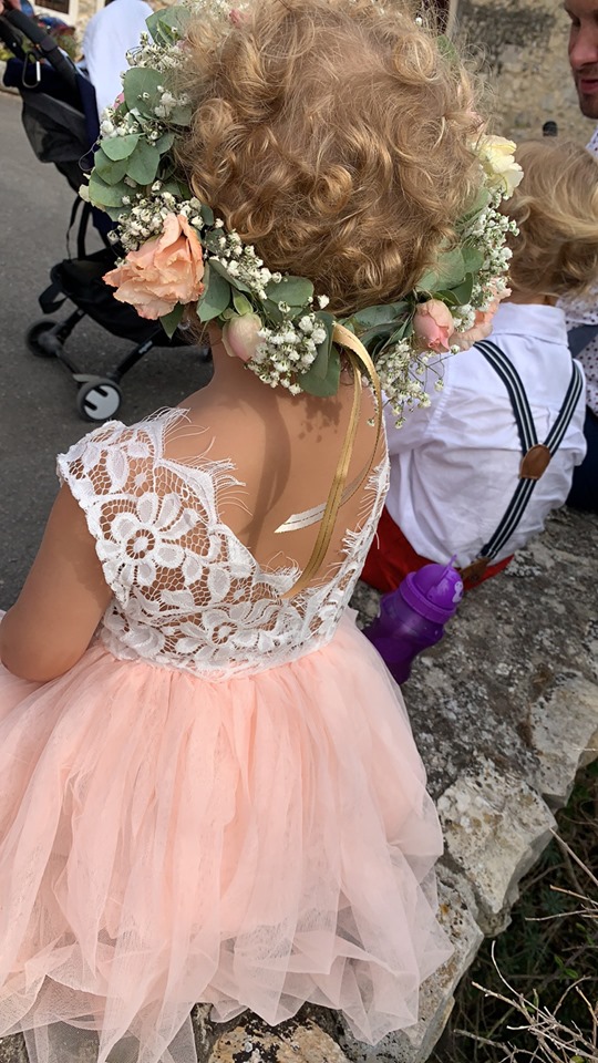 Robe Ceremonie Fille Rose Poudrée Tulle Dentelle Strass Robe Enfant Mariage