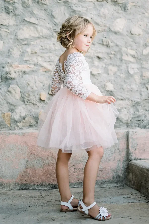 Robe de cérémonie fille Zoé manches longues rose