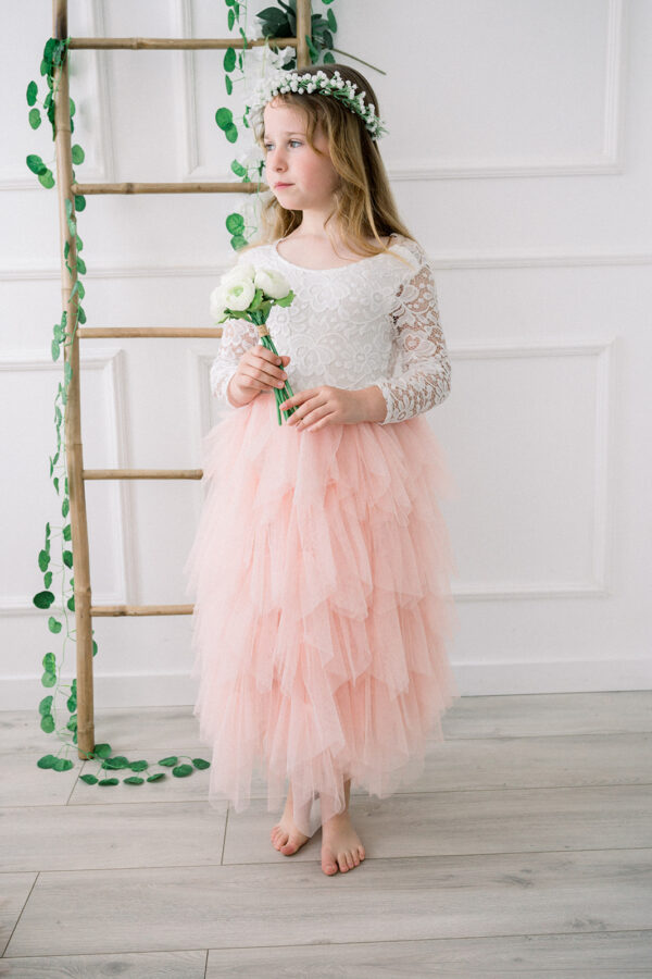 Robe cérémonie Juliette rose pastel à manches longues