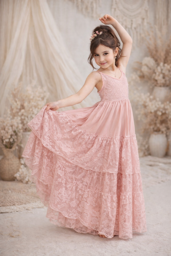 robe de cérémonie enfant dos ouvert, couleur rose poudré