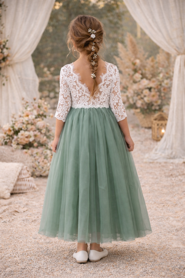 Robe de cérémonie Cléo vert sauge à manches longues - 12 mois à 14 ans