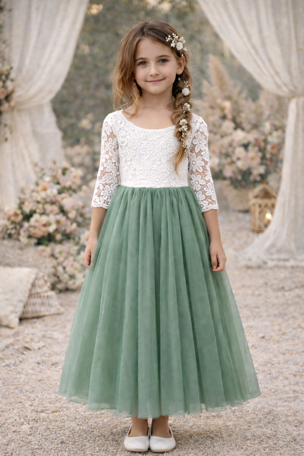 Robe de cérémonie Cléo vert sauge à manches longues - 12 mois à 14 ans – Image 2