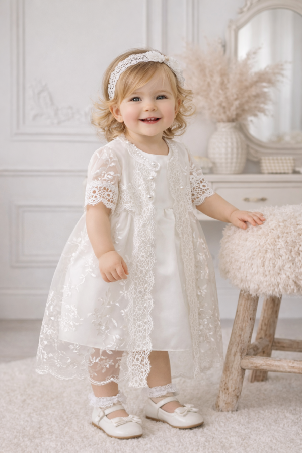 Robe de baptême bébé fille avec longue veste en tulle brodé. Ensemble élégant et lumineux, idéal pour un baptême ou une cérémonie.