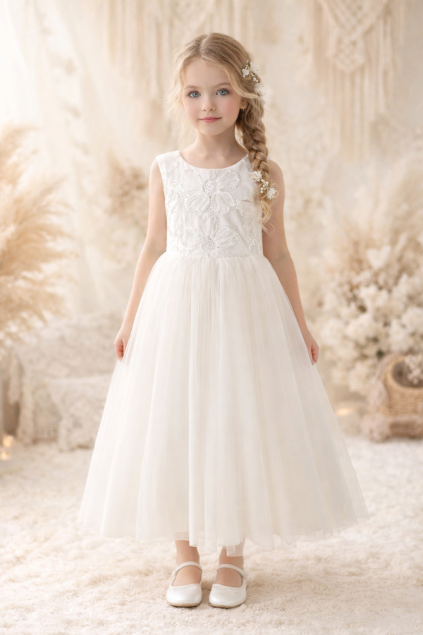 Robe Fleur de nacre – Robe de cérémonie fille fleurs 3D et sequins argents