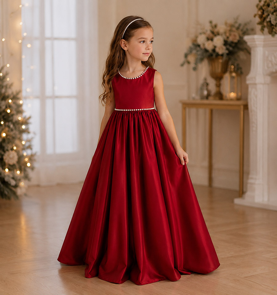 robe longue de fête fille Soline de couleur rouge - vue de face