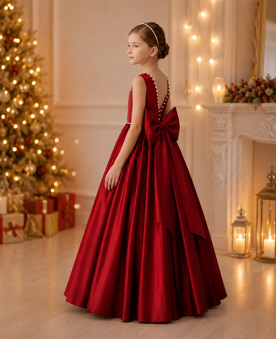 robe longue de fête fille Soline de couleur rouge - vue de profil