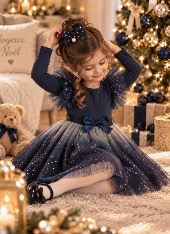 robe de noël fille couleur bleu nuit modèle Etoile vue assise