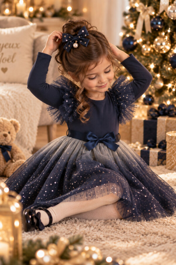 robe de noël fille couleur bleu nuit modèle Etoile vue assise