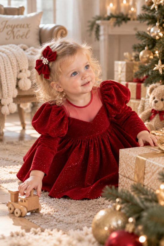Robe de Noël Lovéa Bordeaux vue accrouppie