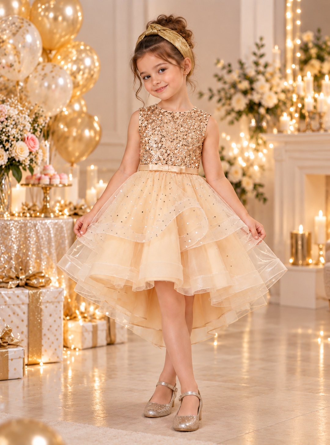 robe de fête fille Eléonore couleur champagne - vue de face