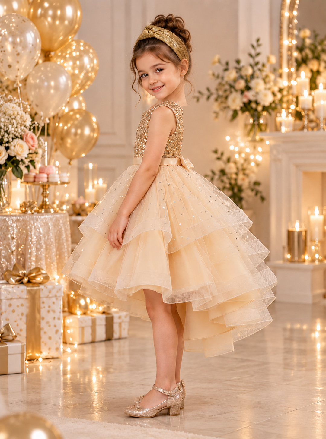robe de fête fille Eléonore couleur champagne - vue de profil