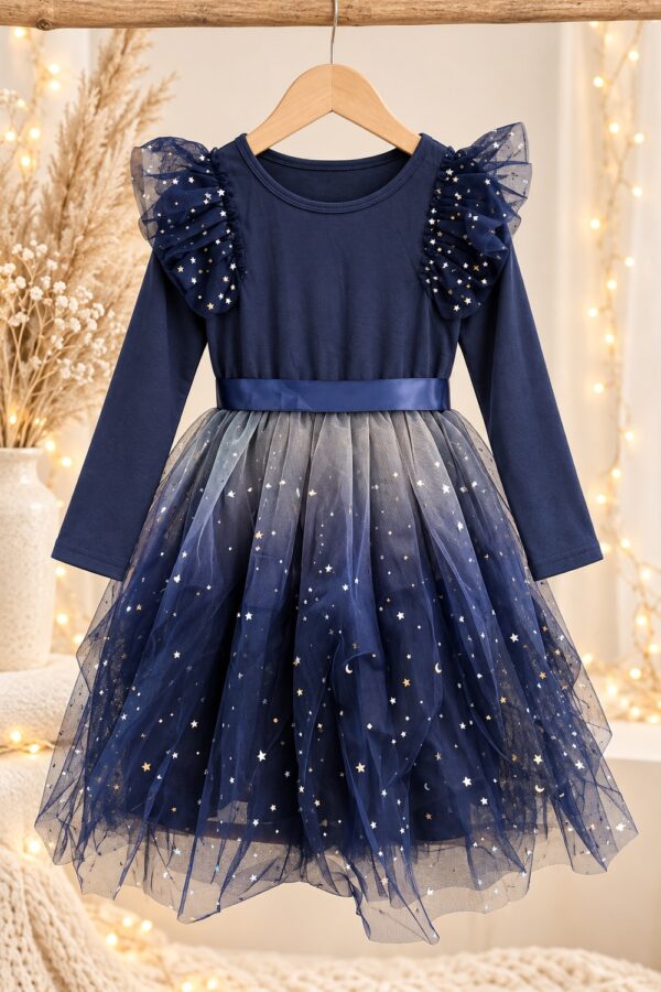 Robe de Noël fille bleu nuit tulle dégradé blanc bleu