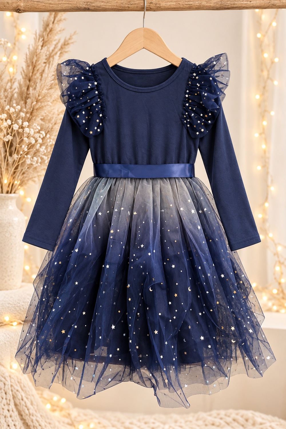 Robe de Noël fille bleu nuit tulle dégradé blanc bleu