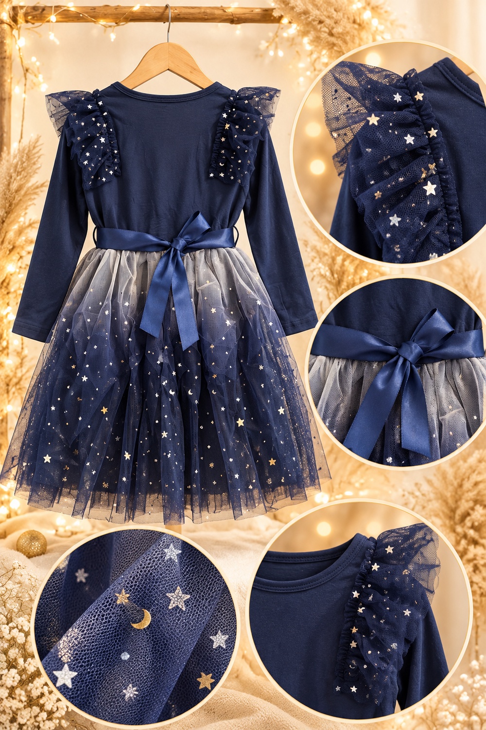 Robe de Noël fille bleu nuit tulle dégradé blanc bleu