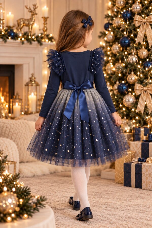 Robe de Noël fille bleu nuit avec nœud dans le dos