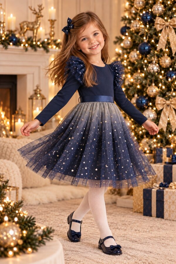 Robe de Noël fille bleu nuit 4 à 8 ans en mouvement