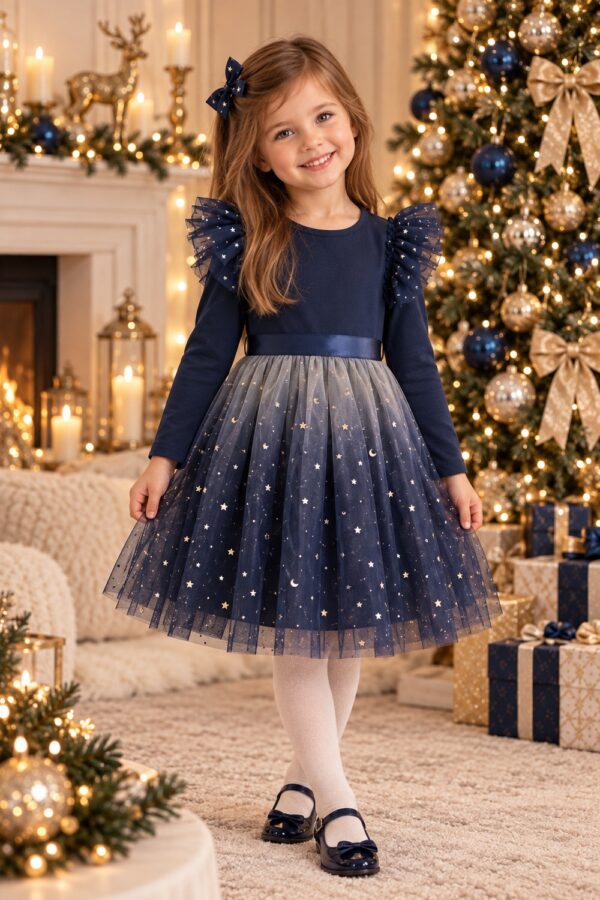 Robe de Noël fille bleu nuit 4 à 8 ans en tulle étoilé