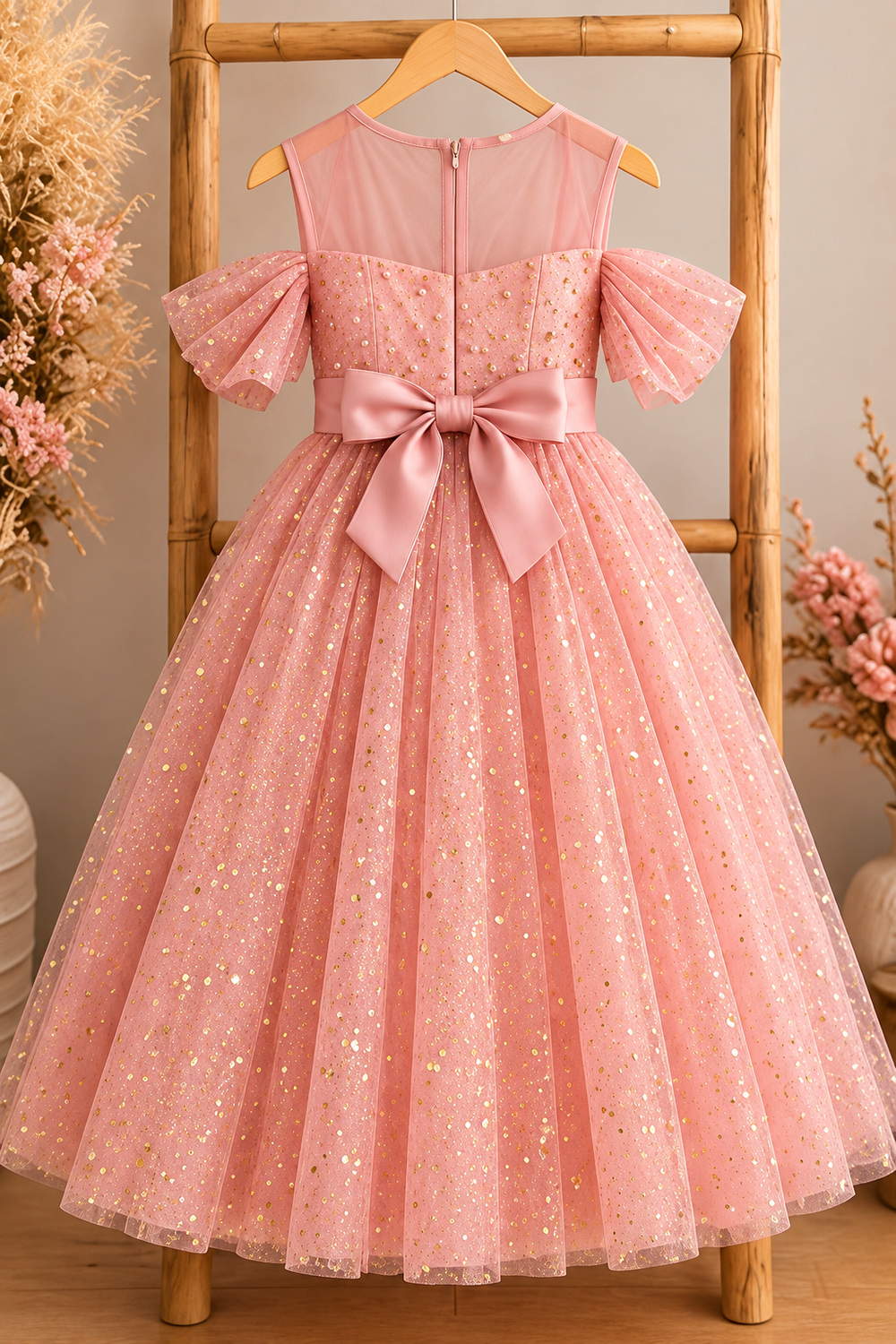 Robe de cérémonie fille rose avec nœud satiné
