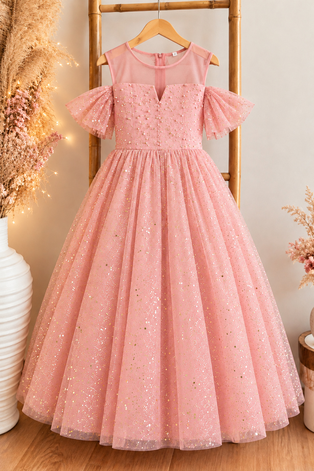Robe princesse fille rose à paillettes dorées