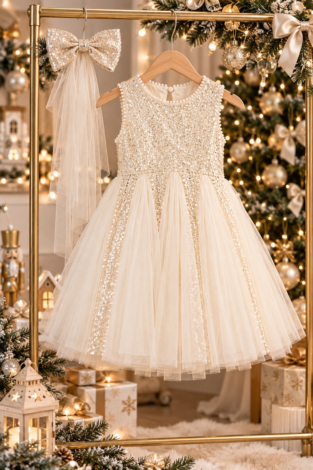 Robe de Noël fille Étincelle à sequins champagne avec barrette nœud – 1 à 10 ans – Image 2