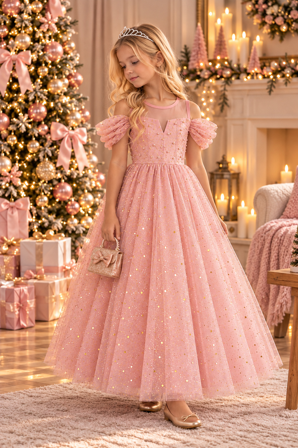 Robe de Noël fille rose Elisa à paillettes dorées