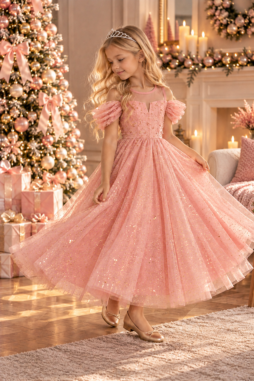 Robe de Noël fille rose Elisa à paillettes dorées en mouvement