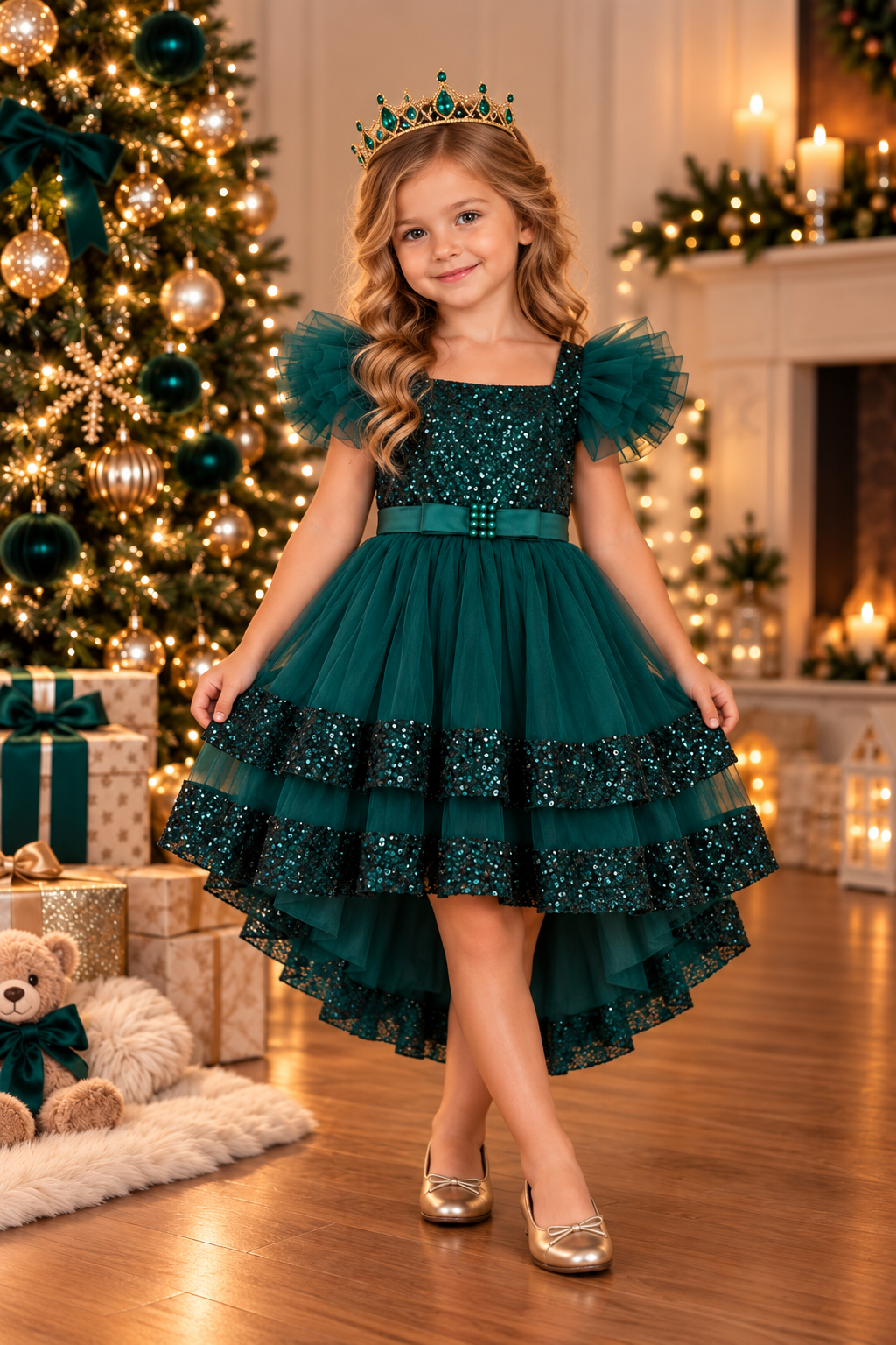 Robe de Noël fille 4 ans Olympe vert émeraude à sequins