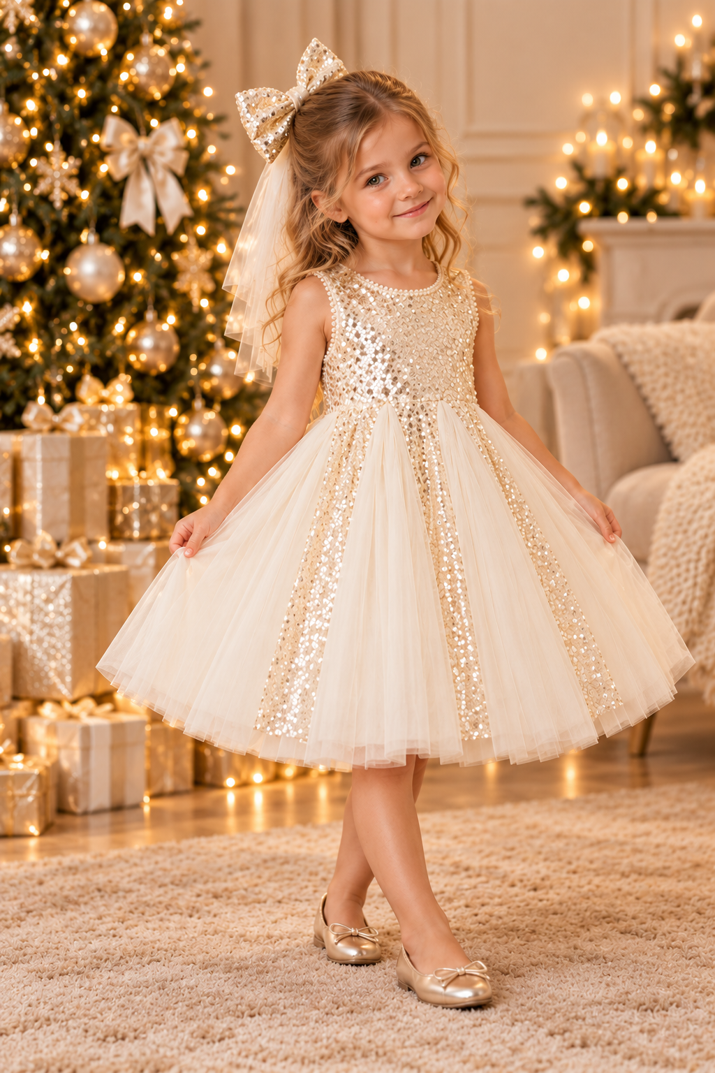 Robe de Noël fille 4 ans Étincelle champagne à sequins et tulle