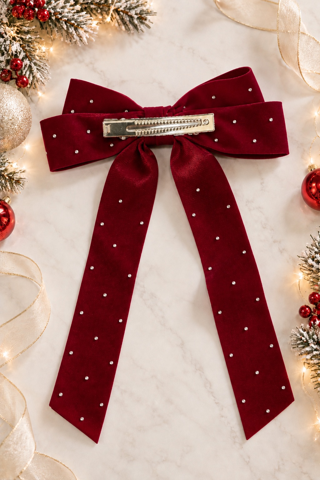 Barrette nœud bordeaux velours Noël fille vue de dos