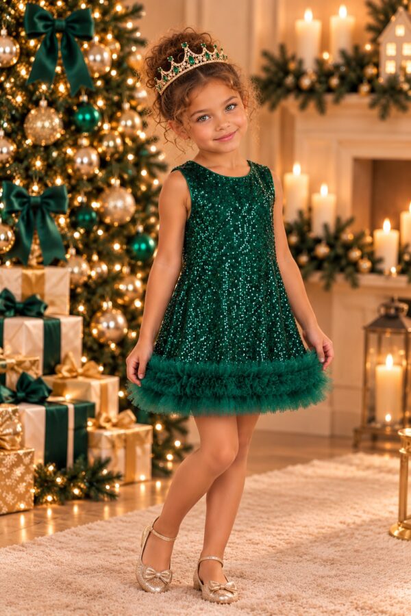 Robe de Noël fille verte à sequins Cassie Émeraude sans manches