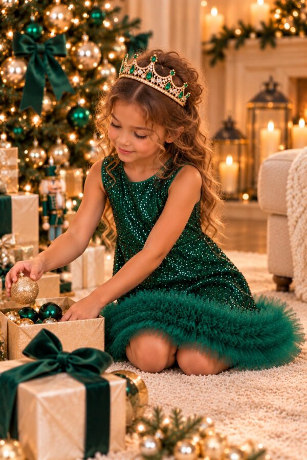 Robe de Noël fille vert émeraude assortie à un diadème princesse vert