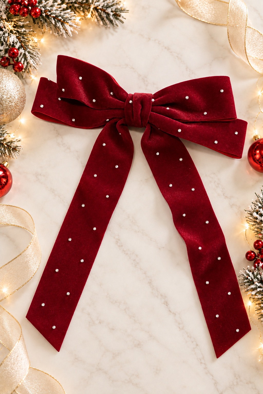 Grand nœud cheveux bordeaux en velours pour robe de Noël fille
