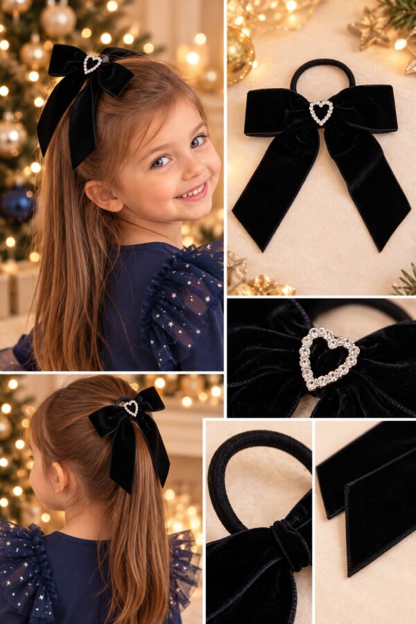 Nœud cheveux noir cœur strass pour robe de Noël fille