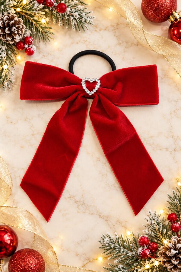 Nœud cheveux rouge avec cœur strass pour robe fille Noël