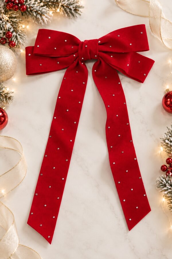 Grand nœud cheveux rouge à strass pour robe de Noël fille