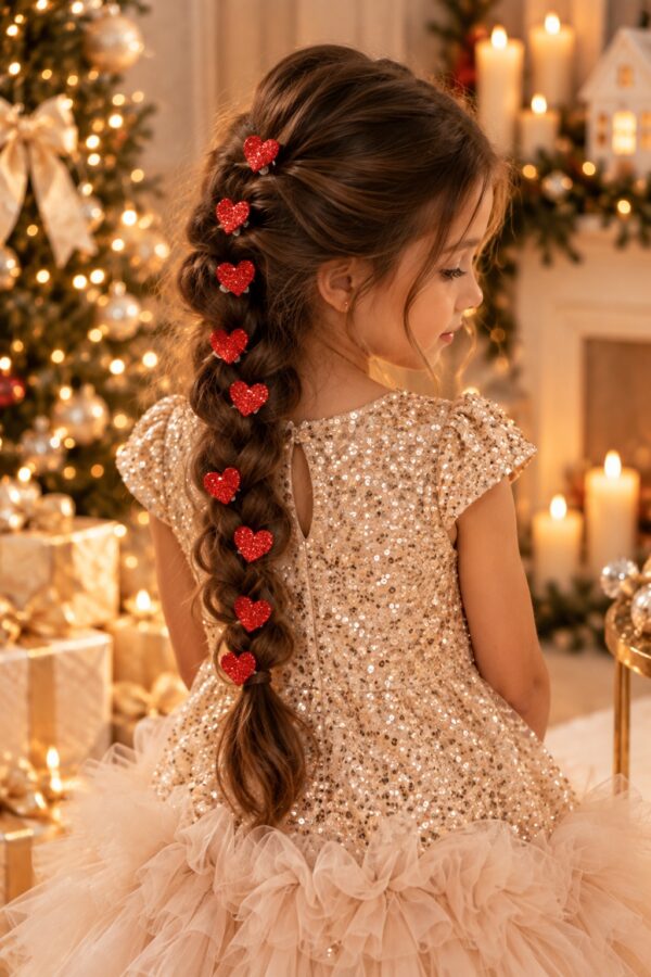pinces coeurs rouge noël fille coiffure tresse