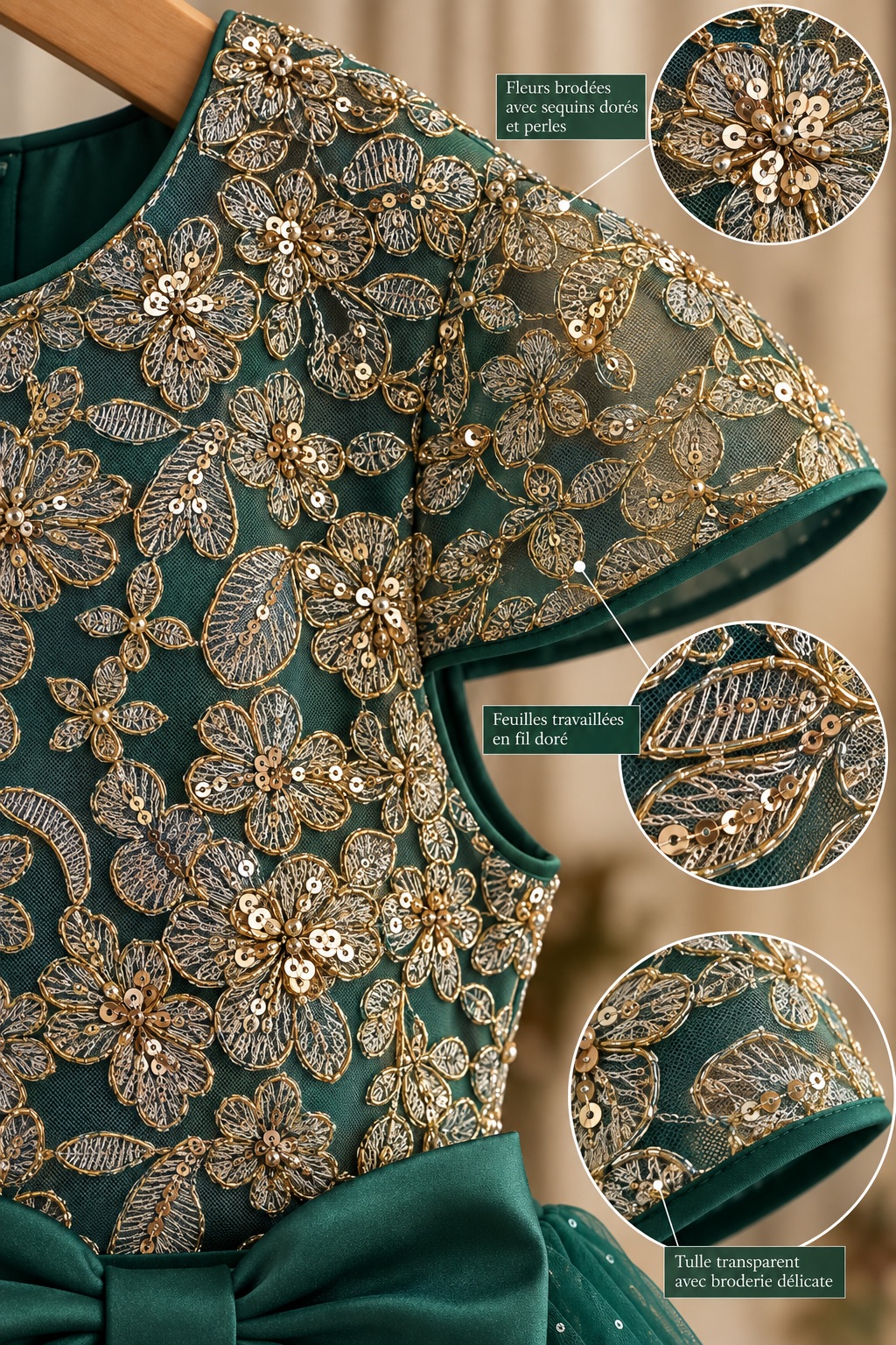 Robe de Noël fille vert émeraude et dorée – Modèle Isaline – 8 à 12 ans – Image 4