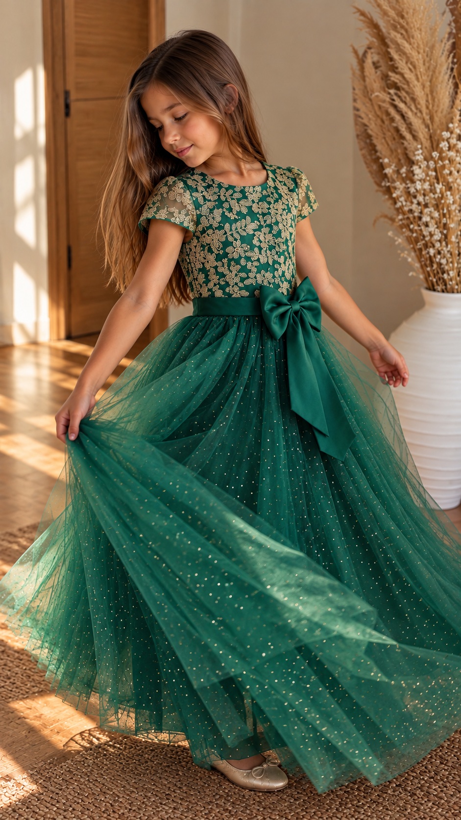 Robe de Noël fille vert émeraude et dorée – Modèle Isaline – 8 à 12 ans – Image 2