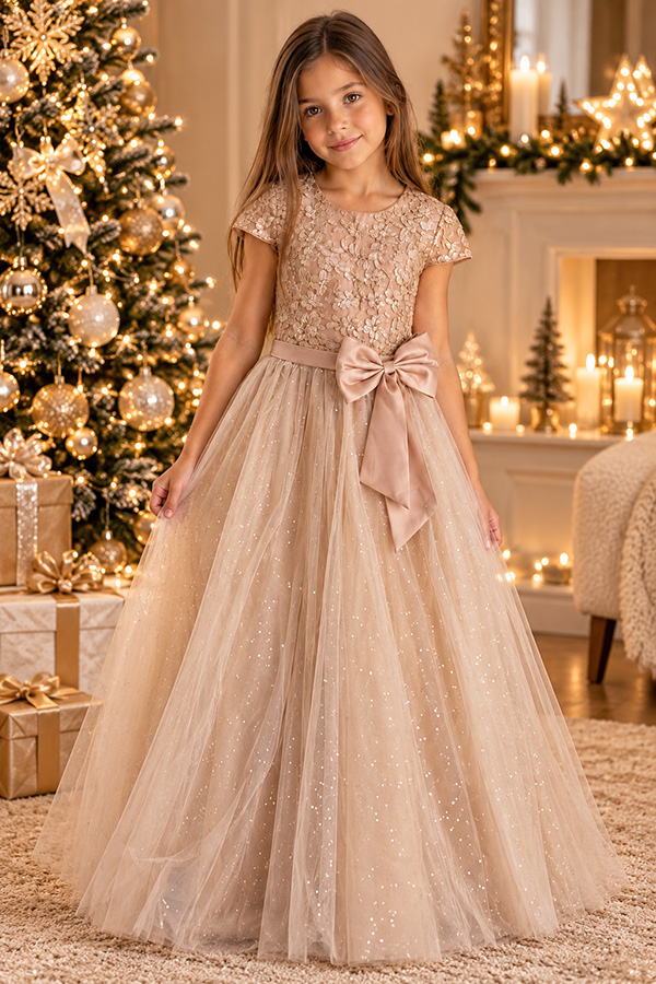 Robe de Noël fille 12 ans champagne en dentelle et tulle Isaline