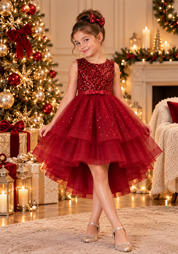 Robe de Noël fille 12 ans rouge à sequins et jupe en tulle