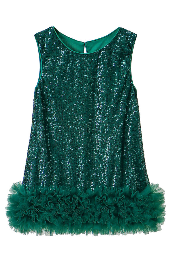 Robe de Noël verte fille sans manches à sequins et tulle